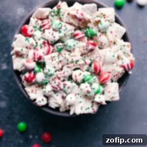 A bowl of Sugar Cookie Snack Mix with an overhead shot showing all ingredients and festive sprinkles.