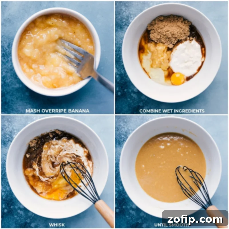 Step-by-step process of preparing Healthy Zucchini Bread: mashing ripe bananas and whisking wet ingredients. Process shots showing mashed banana, and wet ingredients (Greek yogurt, egg, vanilla, honey, coconut oil) being combined in a bowl