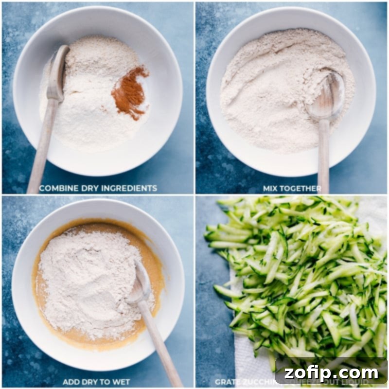 Preparation steps for Healthy Zucchini Bread: combining dry ingredients, adding them to the wet mixture, and grating fresh zucchini. Process shots showing dry ingredients being combined and added to wet ingredients, and zucchini being grated
