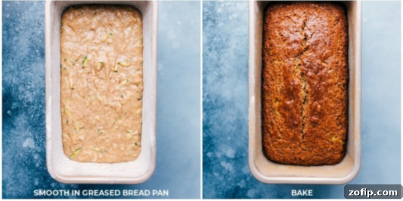 Baking process of Healthy Zucchini Bread: filling the pan and the golden-brown baked loaf. Process shots showing batter being poured into a prepared bread pan and the finished baked loaf