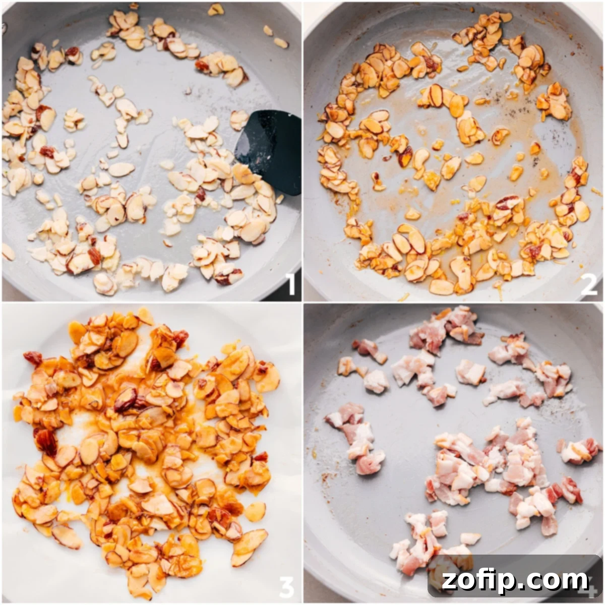 Toast the almonds in butter for a crispy, flavorful coat, and cook the bacon to top the green beans.