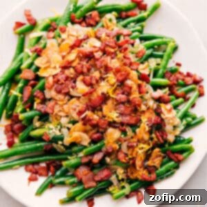 A close-up of the delicious Green Beans with Bacon recipe.