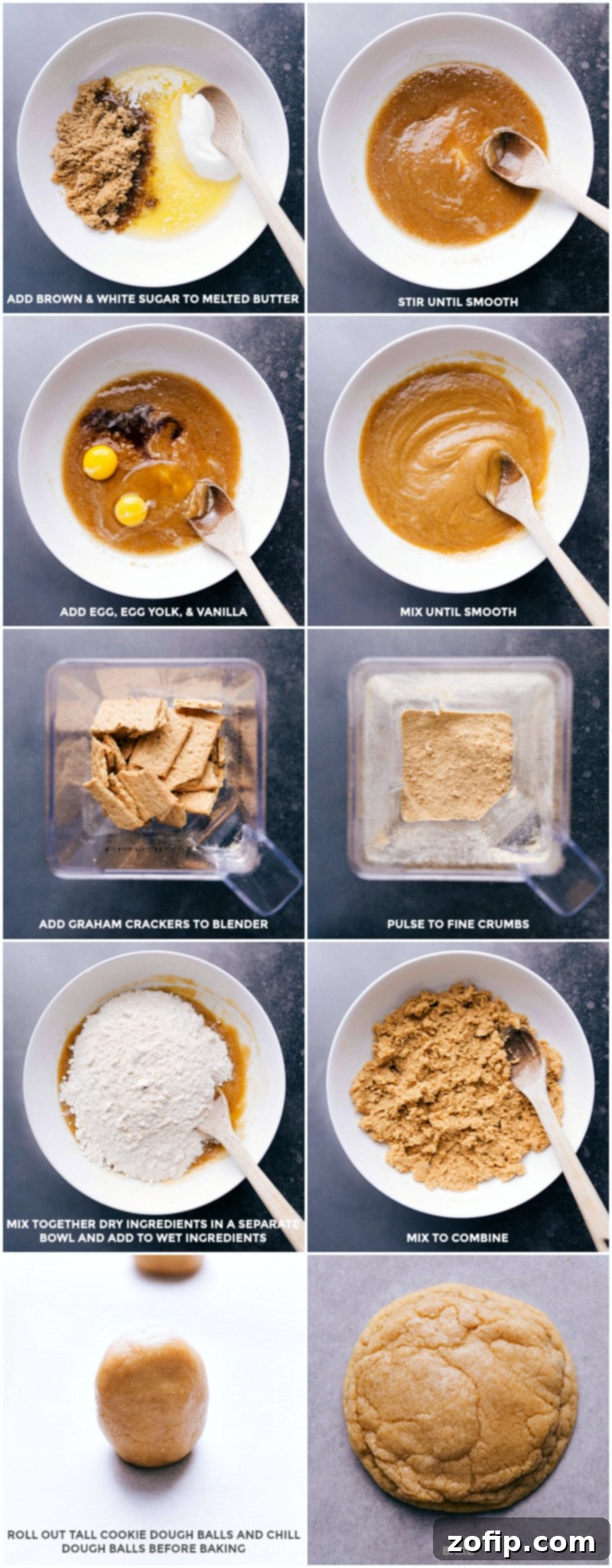 Step-by-step visual guide to making Salted Caramel Cookies: combining wet ingredients, blending graham crackers, stirring crumbs into batter, shaping dough into tall cylinders, and freshly baked cookies.