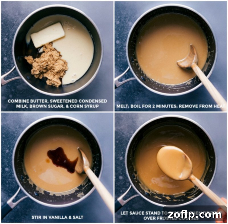 Detailed image illustrating the caramel sauce preparation: combining ingredients, boiling for two minutes, removing from heat, stirring in vanilla, and allowing it to thicken before drizzling.
