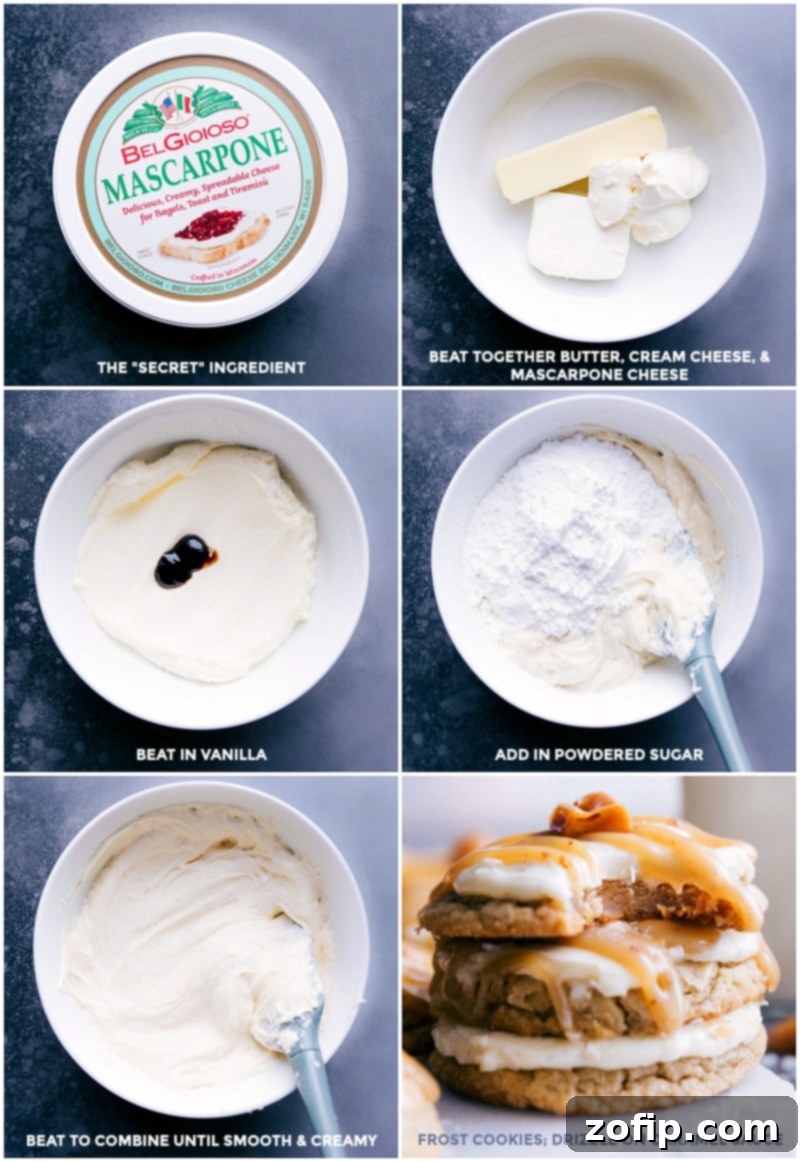 The process of making the exquisite cream cheese topping with mascarpone: beating mascarpone with butter and cream cheese, adding vanilla and powdered sugar, beating to combine, and finally frosting the cooled salted caramel cookies to perfection.
