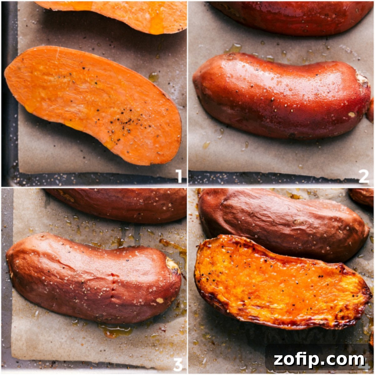 Sweet potato halves are expertly roasted in the oven, placed cut-side down on parchment paper, ensuring a caramelized, tender, and incredibly flavorful interior.