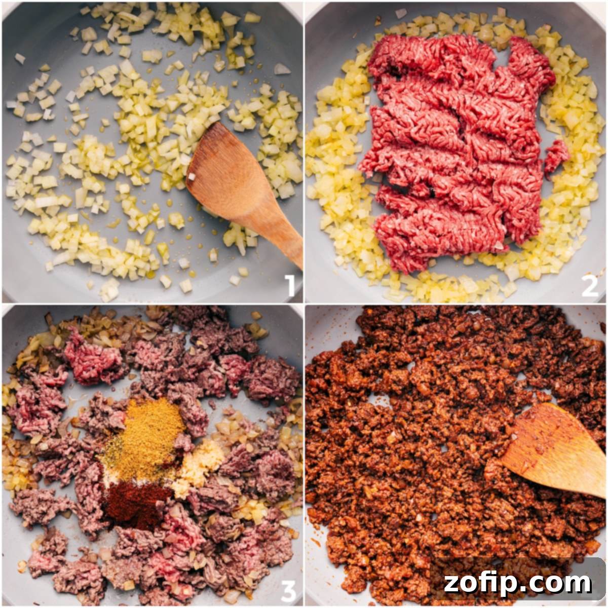 Diced onions are sautéed until translucent, followed by browning lean ground beef and mixing in the aromatic seasonings to create a rich taco filling.