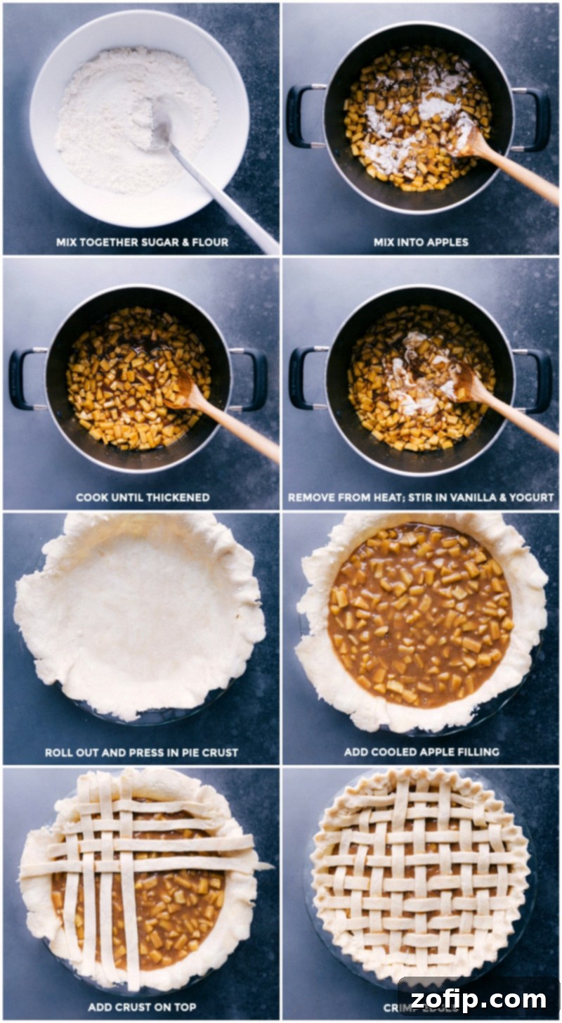 Combine the sugar and flour; mix into apples; cook to thicken; remove from heat and stir in vanilla and yogurt; roll out crust and fit into pan; add cooled apple filling; add crust to the top; crimp edges.