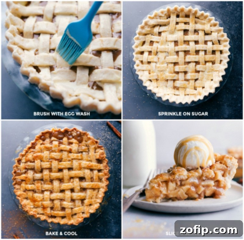 Brush the crust with egg wash; sprinkle on sugar; bake and cool; slice and serve.