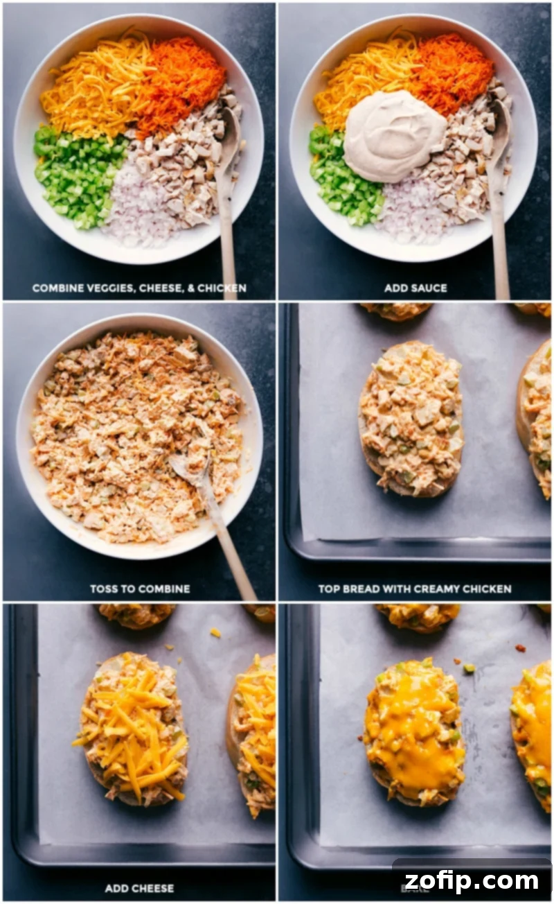 All the veggies, cheese, meat and sauce being combined in a bowl and put on the base with cheese added on top for chicken melts.