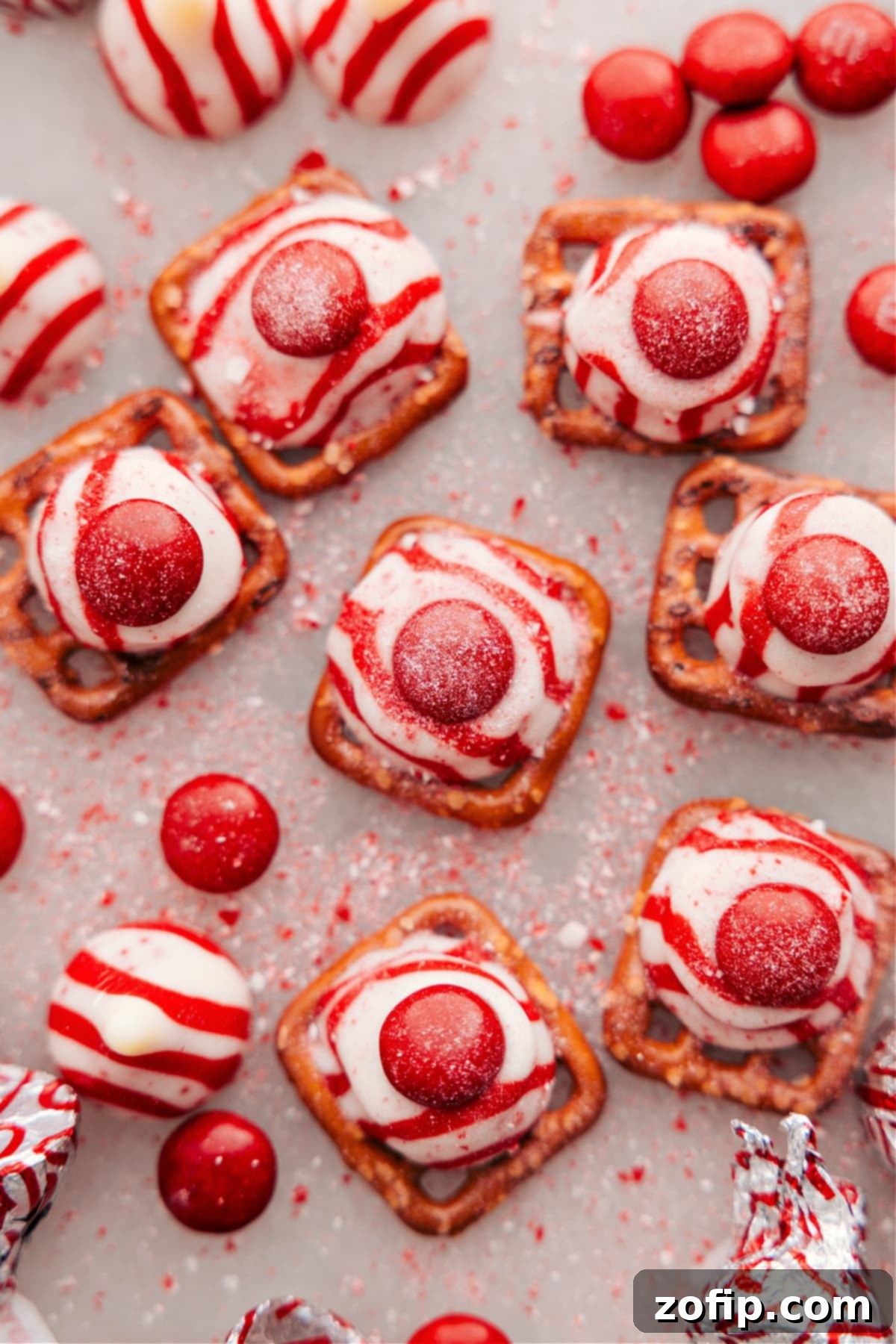 Easy 3-Ingredient Peppermint Bark Pretzels Recipe Delicious Peppermint Bark Pretzels, fresh out of the oven, topped with vibrant crushed peppermint candy.