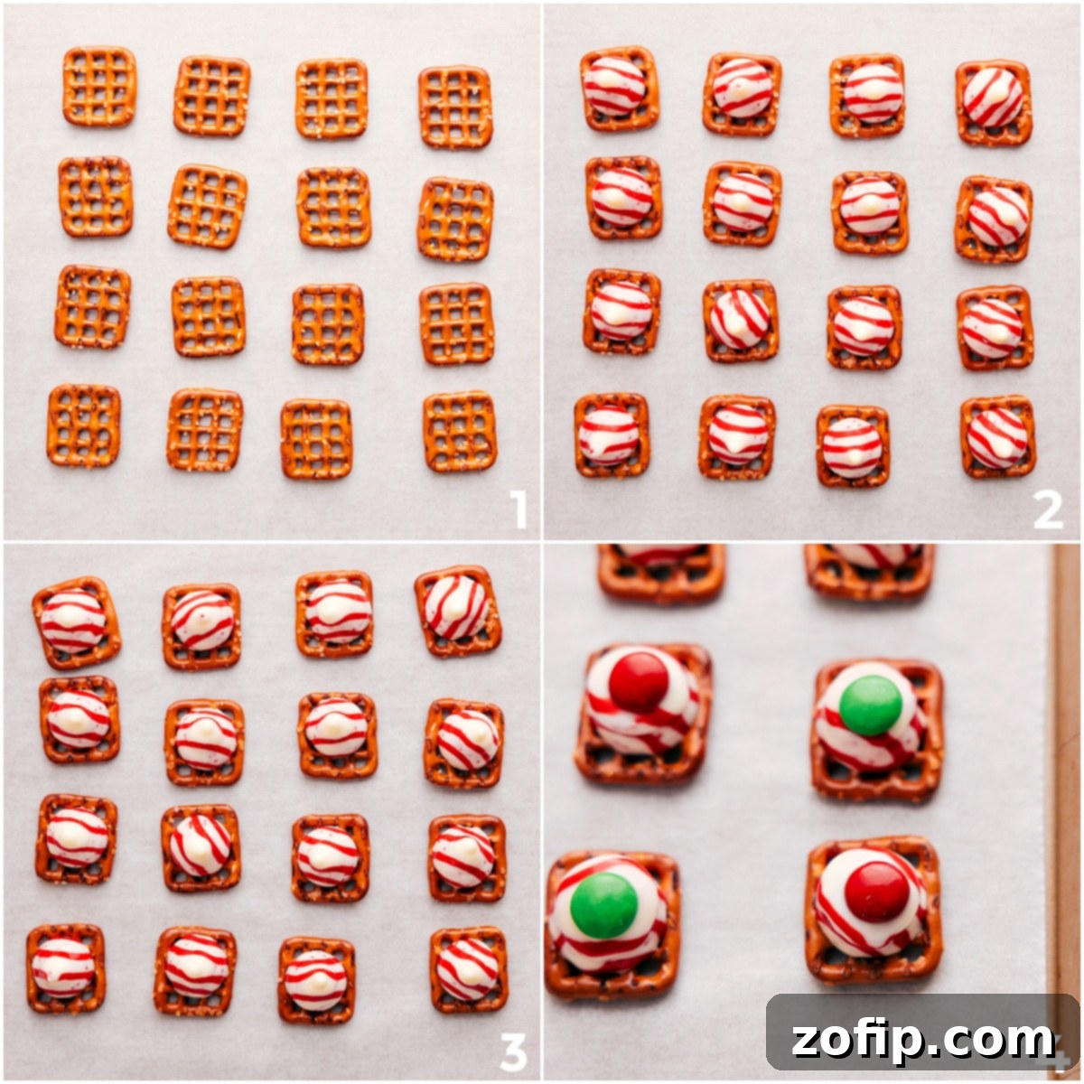 Step-by-Step Holiday Peppermint Bark Pretzels An assembly line showing pretzels laid on a baking sheet, each topped with a peppermint chocolate kiss, followed by an M&M pressed into the softened chocolate, creating festive peppermint bark pretzels.