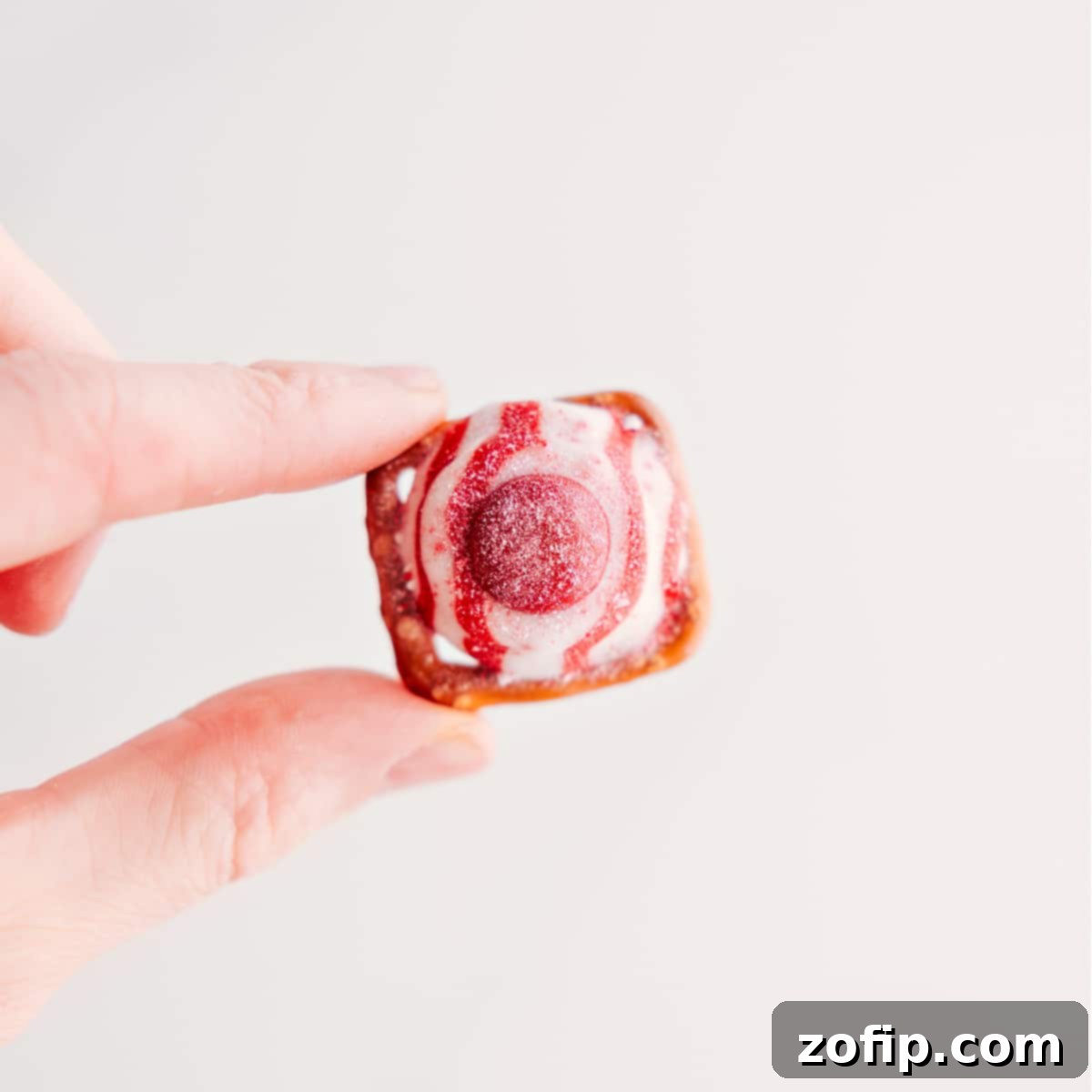 The Best Simple Peppermint Bark Pretzels Recipe A close-up of the delicious three-ingredient Peppermint Bark Pretzel, held up to highlight its festive colors and appealing texture, ready for a holiday celebration.