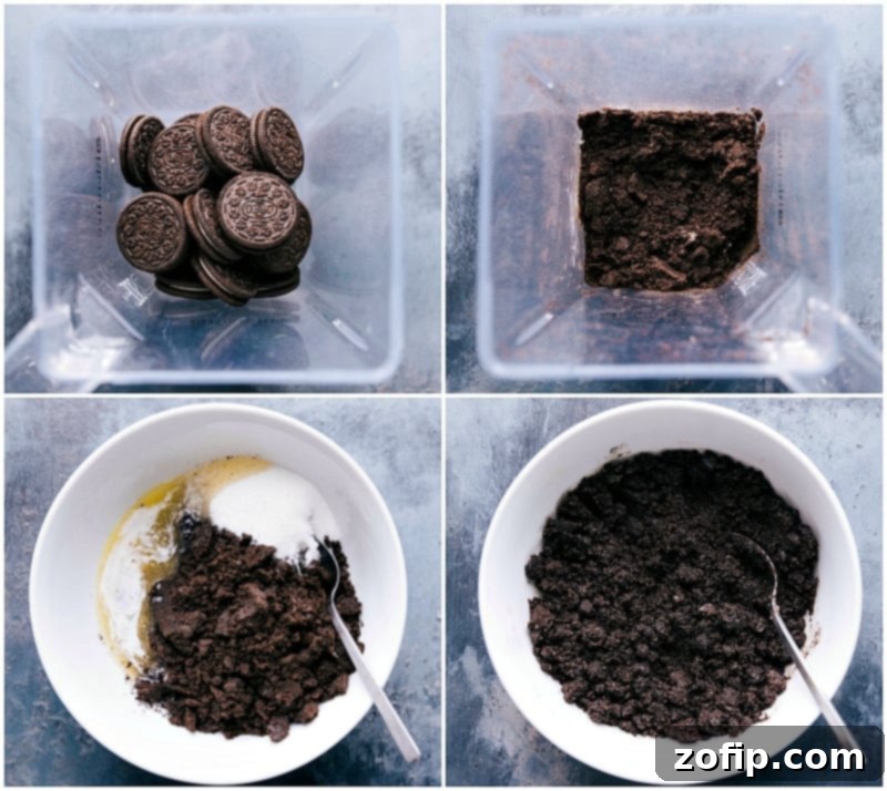 Oreos being finely blended into crumbs and perfectly combined with other ingredients, creating the ideal base for a delicious pie crust.