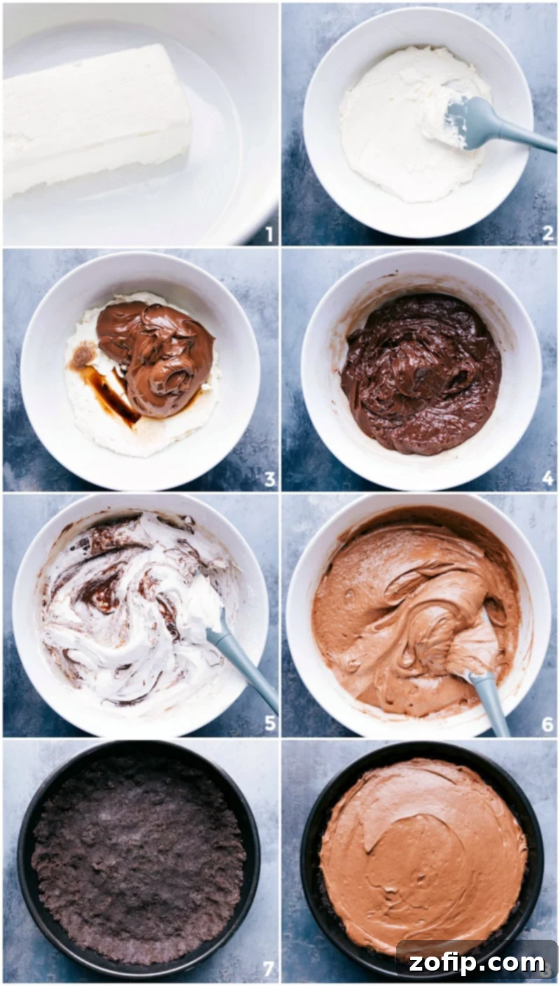 Stages of rich chocolate hazelnut filling preparation before it's decadently layered into the oreo crust for the nutella pie recipe.