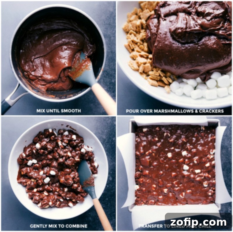 Final steps for homemade S'mores Fudge: mix, transfer, and chill to perfection. Process shots demonstrating the final steps of S'mores Fudge: mixing melted chocolate with marshmallows and graham crackers in a bowl, transferring the mixture to a lined pan, and chilling until firm.