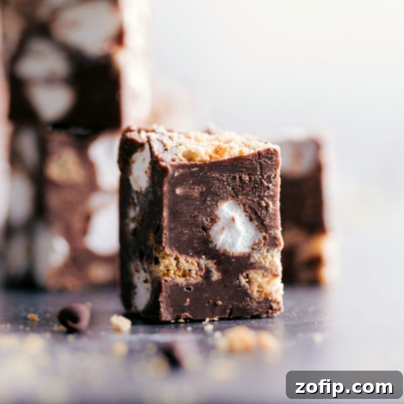 Perfectly crafted S'mores Fudge, ready to be enjoyed. Close-up view of a single square of S'mores Fudge, showing the rich chocolate, visible graham cracker pieces, and soft miniature marshmallows embedded within.