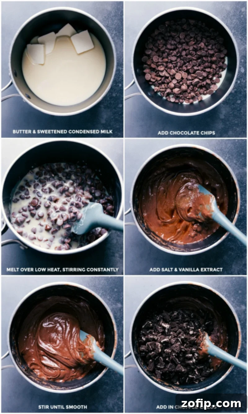 Process shots showing the making of Chocolate-Covered Oreo Fudge: melting butter and condensed milk, adding chocolate, stirring over low heat, incorporating salt and vanilla, and finally adding chopped Oreos for a smooth blend.