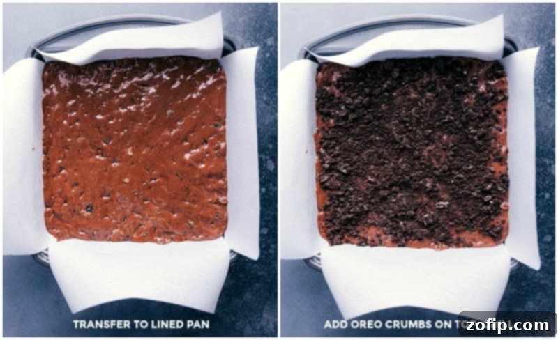 Views of the smooth fudge mixture spread evenly into a parchment-lined pan, followed by a photo with a generous layer of crushed Oreo crumbs sprinkled on top.