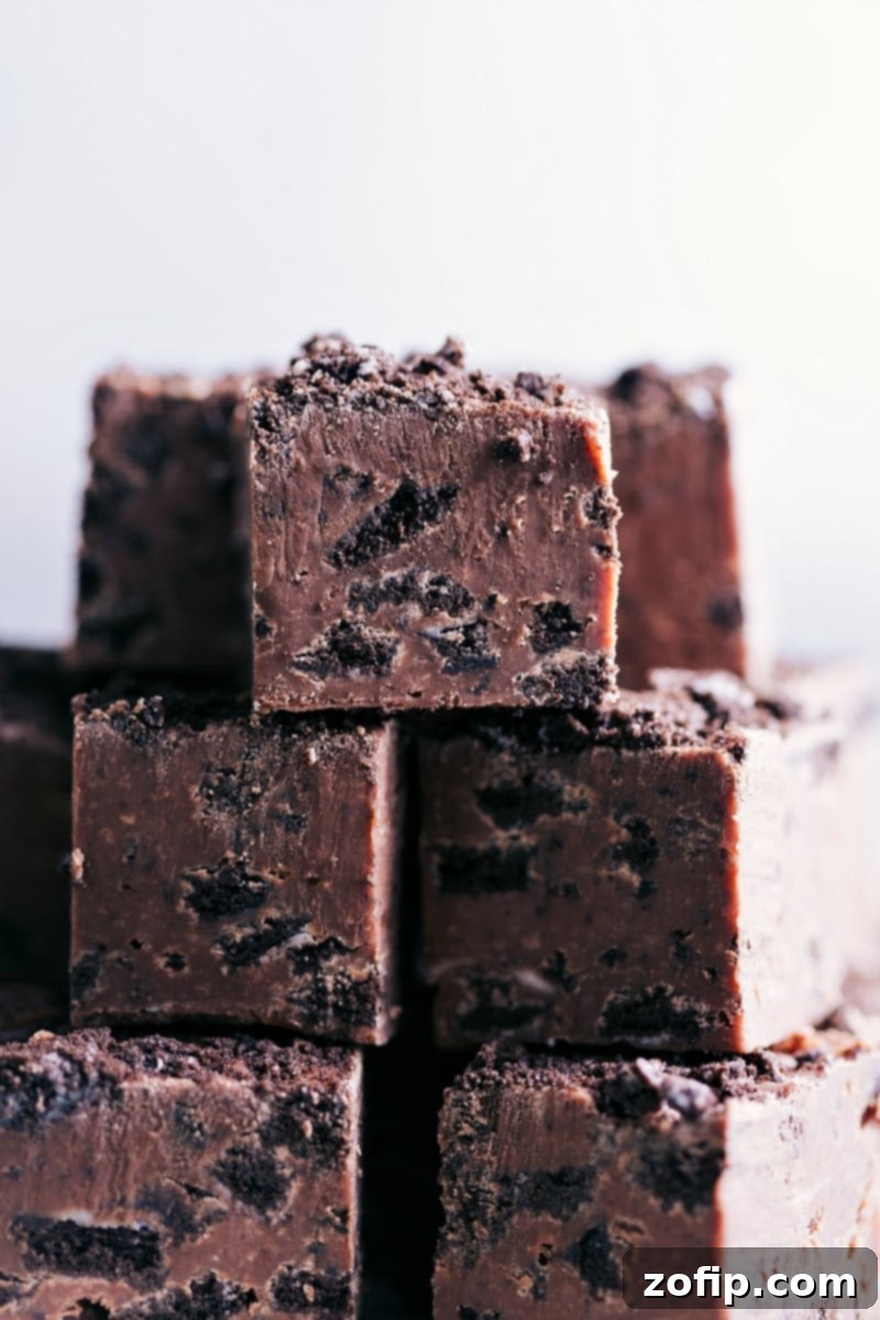 A close-up view of neatly cut, square pieces of Chocolate-Covered Oreo Fudge on a white plate, revealing the rich chocolate interior and abundant Oreo cookie pieces.