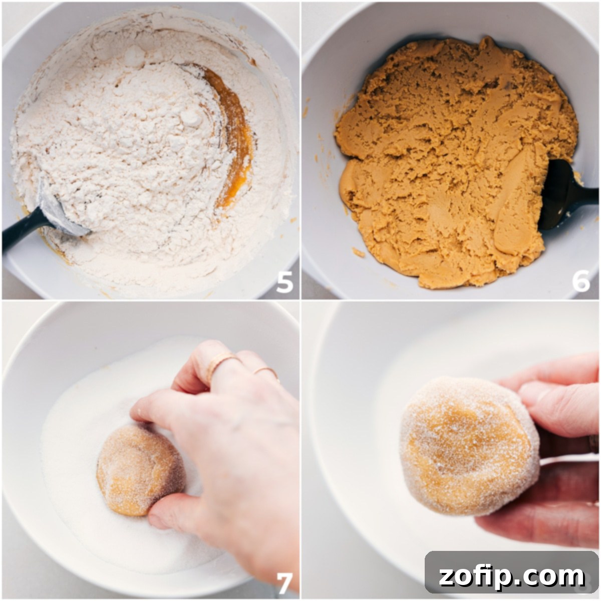 The process of mixing wet and dry ingredients, then rolling out the cookie dough into uniform balls and coating them in sugar.