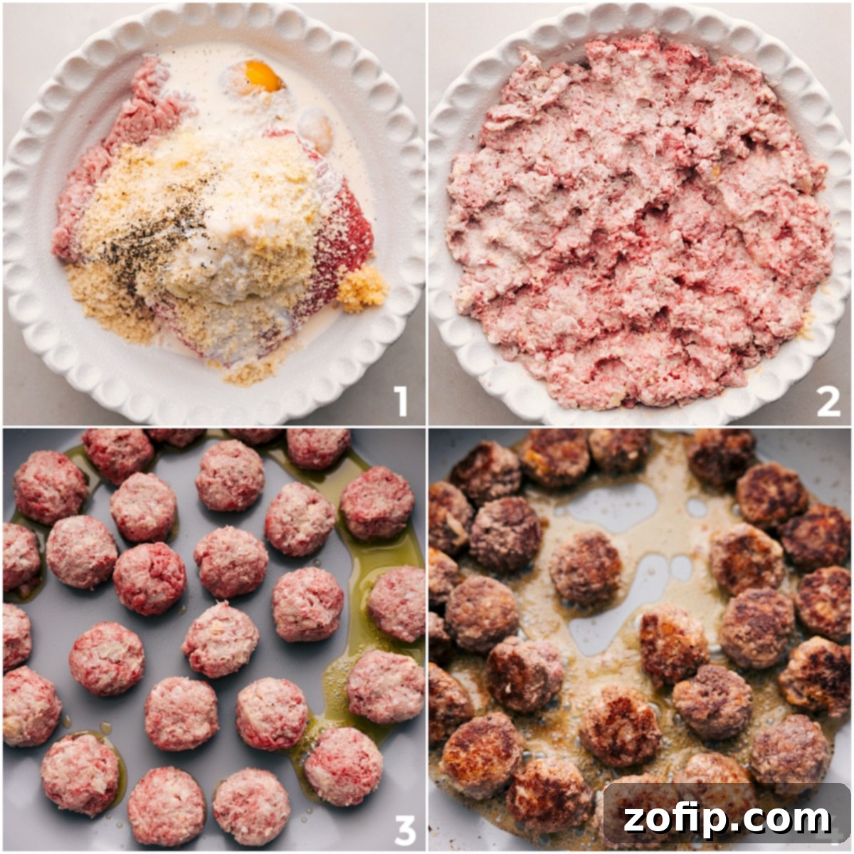How to Prepare and Cook Swedish Meatballs Stages of making Swedish meatballs: raw mixture in a bowl, rolled meatballs on a tray, and browned meatballs in a skillet.