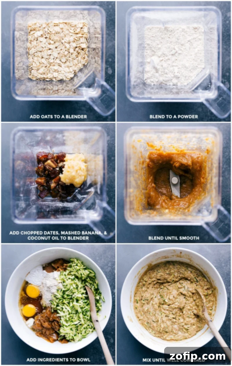 Making Gluten-Free Zucchini Muffins: Blending and Mixing Ingredients Adding oats to a blender, processing to a powder, adding dates, banana, and coconut oil, blending until smooth, transferring to a large bowl, and adding remaining ingredients, stirring until combined.