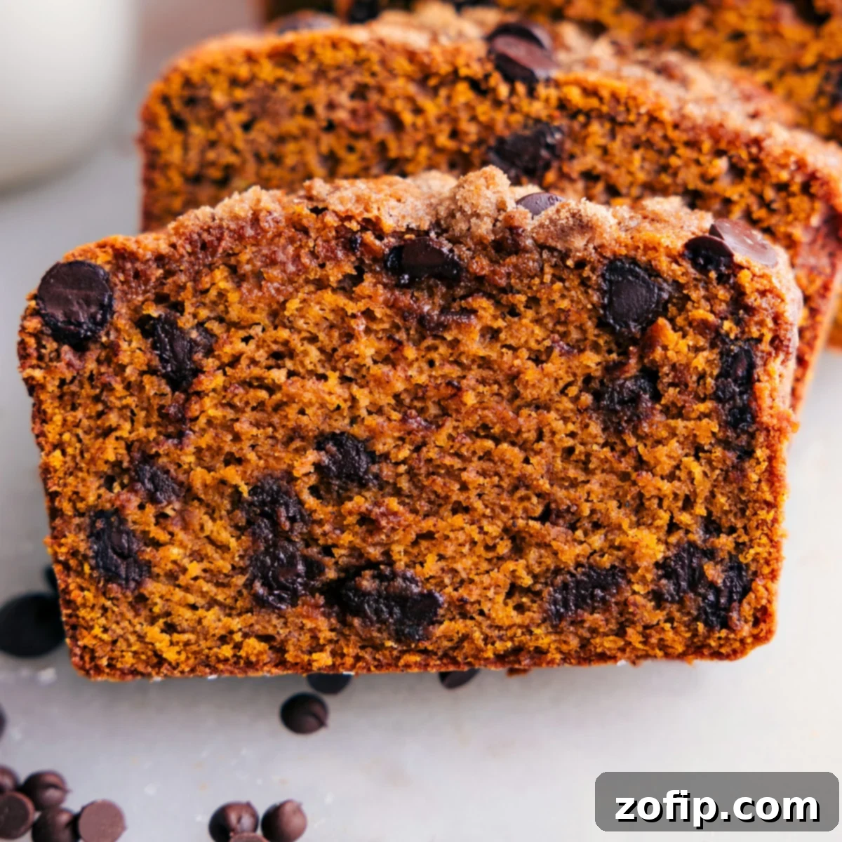 Delicious moist pumpkin bread, with chocolate chips throughout.