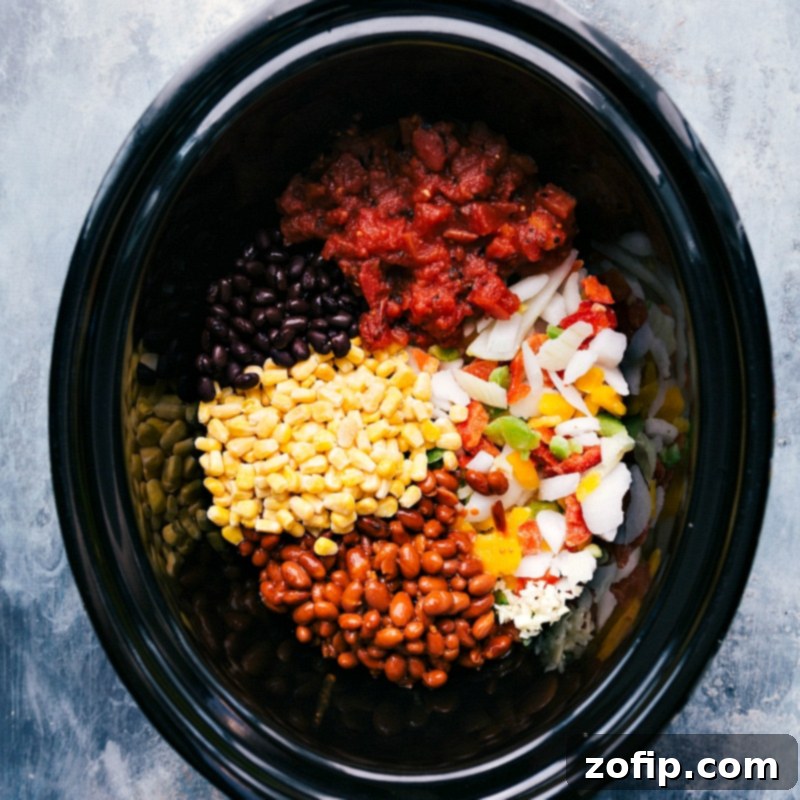 A vibrant selection of fresh and canned ingredients meticulously arranged for preparing Crockpot Quinoa, including various beans, frozen corn, colorful peppers, and uncooked quinoa grains.