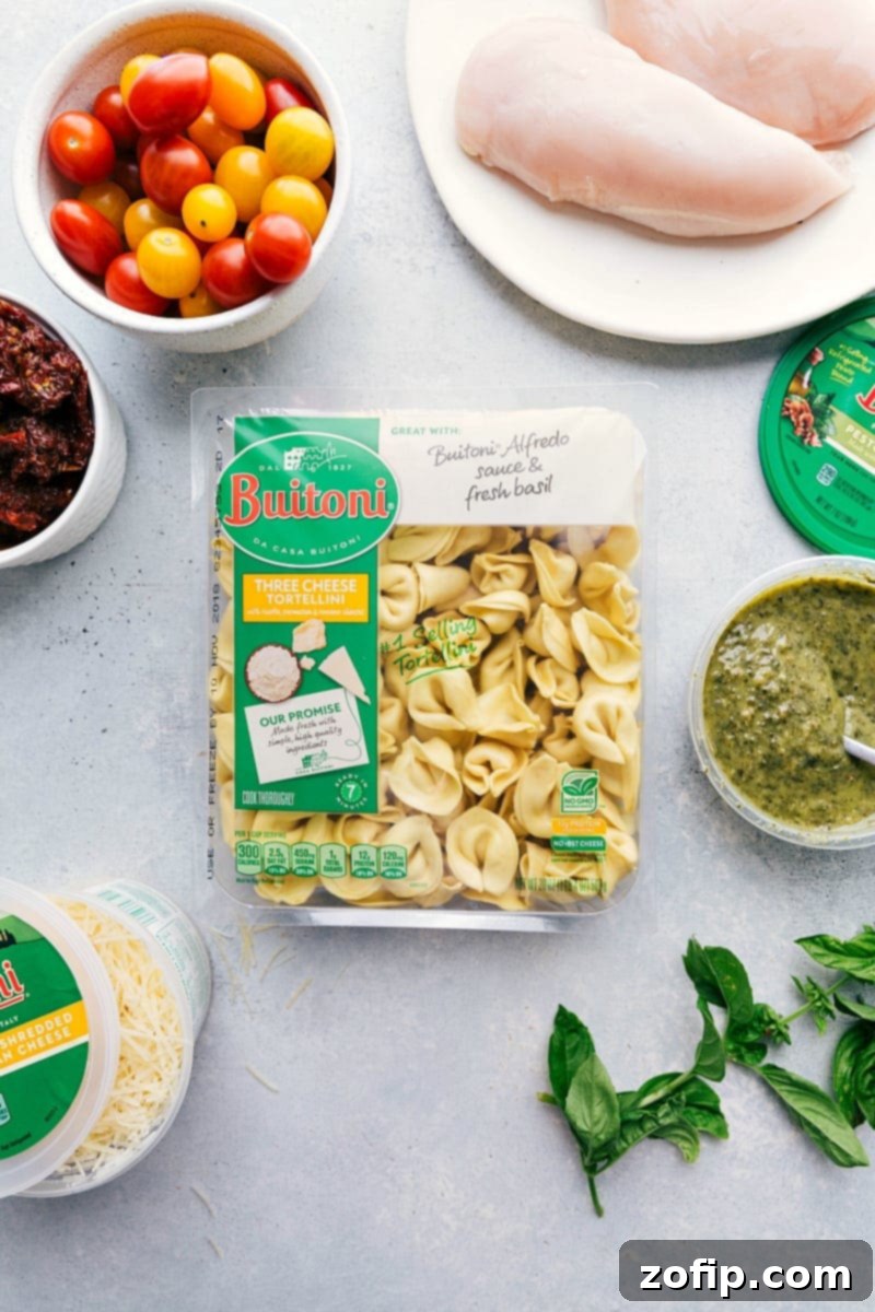 Process shot-- image of all the ingredients that go into Pesto Chicken Tortellini.