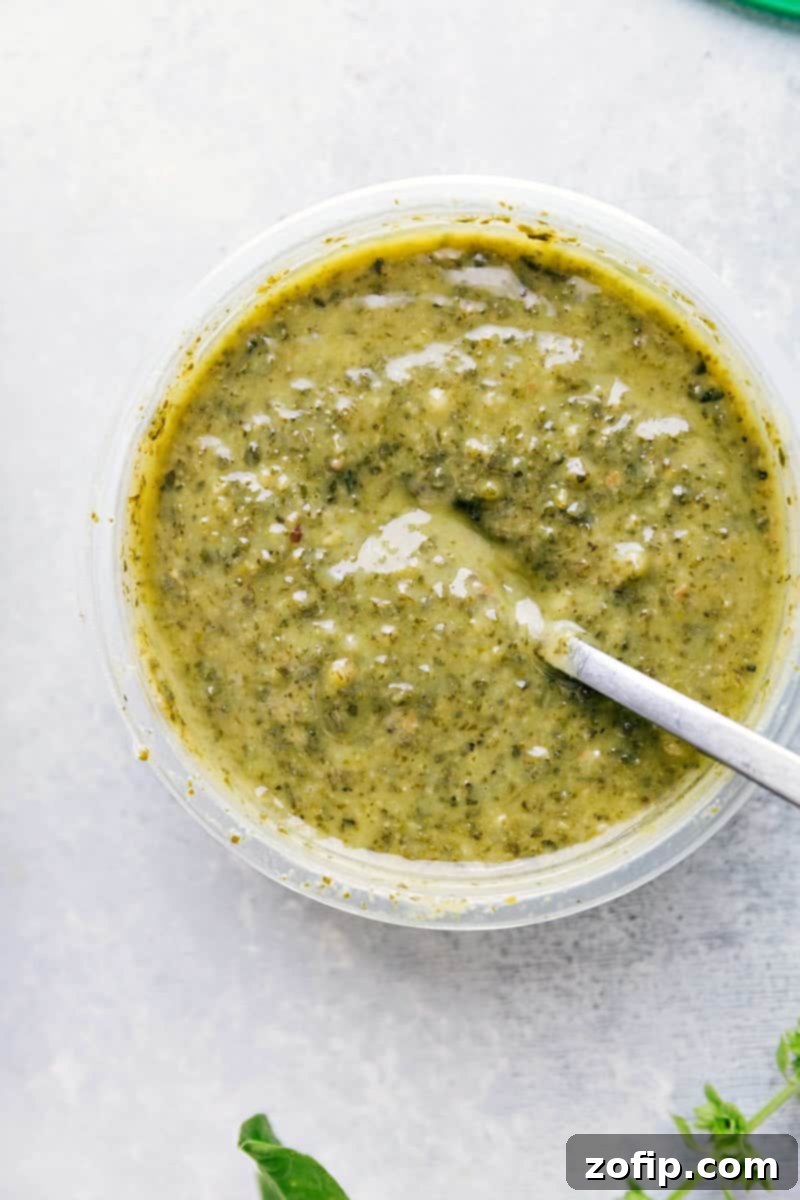 Process shot-- overhead image of the pesto that goes into this dish.