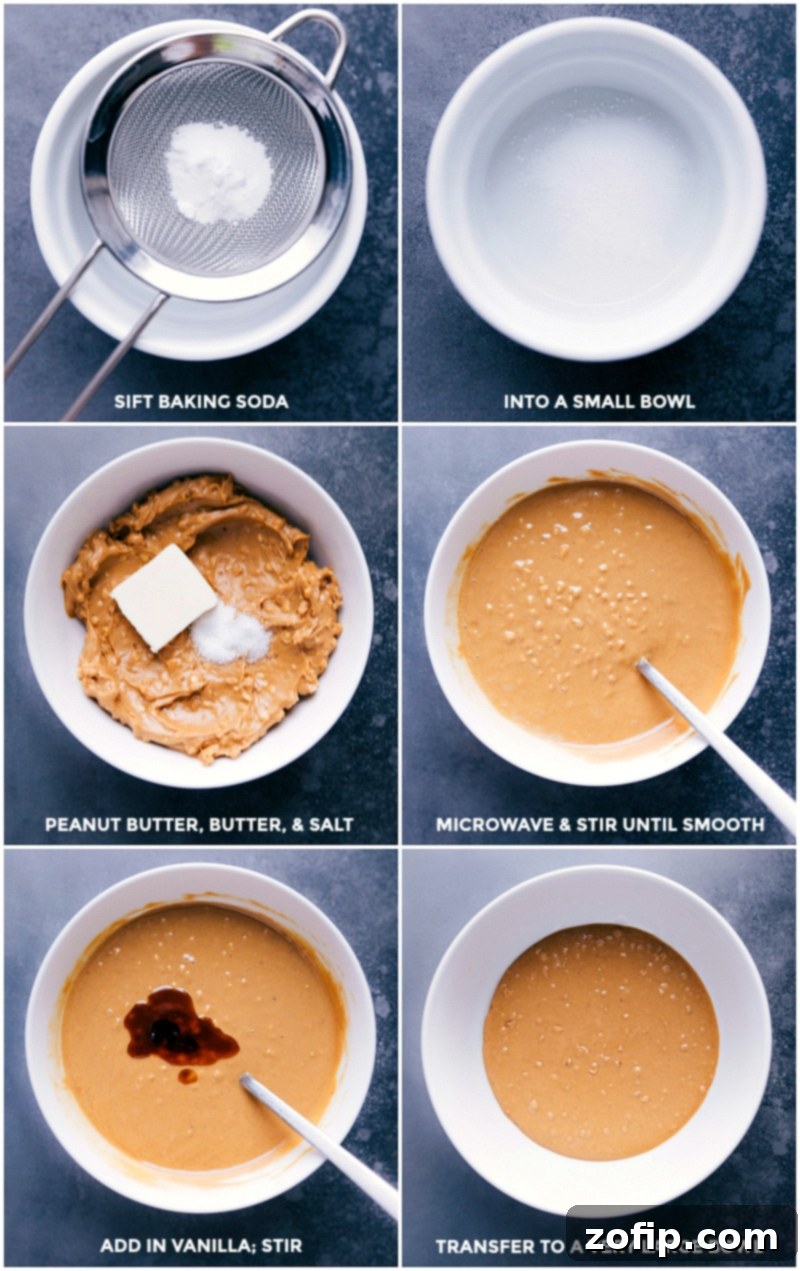 Process shots showing steps to prepare the peanut butter mixture for Peanut Butter Crunch Candy: sifting baking soda, mixing peanut butter, butter, and salt, microwaving and stirring, adding vanilla, and transferring to a large bowl.