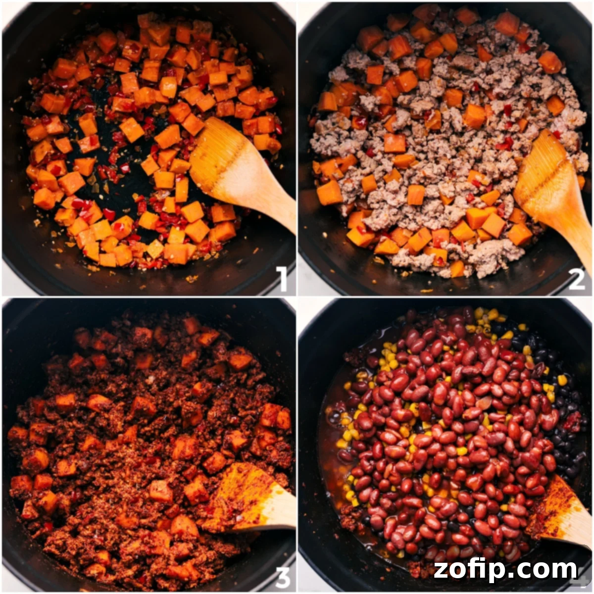 How To Make Turkey Chili Recipe A visual guide showing the step-by-step process of making Turkey Chili: first, colorful diced vegetables like onion and bell pepper are sautéing in a large pot, followed by the addition of ground turkey which is then browned and seasoned. Finally, beans and corn are stirred into the simmering chili, illustrating the progression of the recipe.