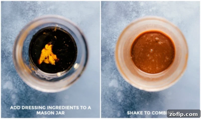 Two images side-by-side demonstrating the process of making balsamic vinaigrette: ingredients before mixing and the emulsified dressing after combining.