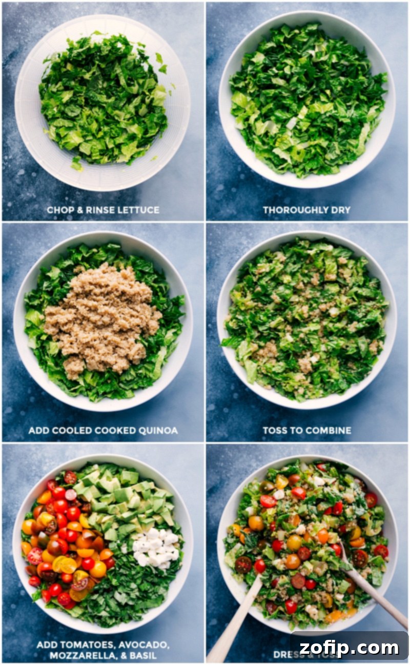 Four-panel image showing the step-by-step process of preparing Caprese Quinoa Salad: chopping lettuce, drying lettuce, adding cooled quinoa, tossing, adding remaining fresh ingredients, and finally, tossing with balsamic vinaigrette.
