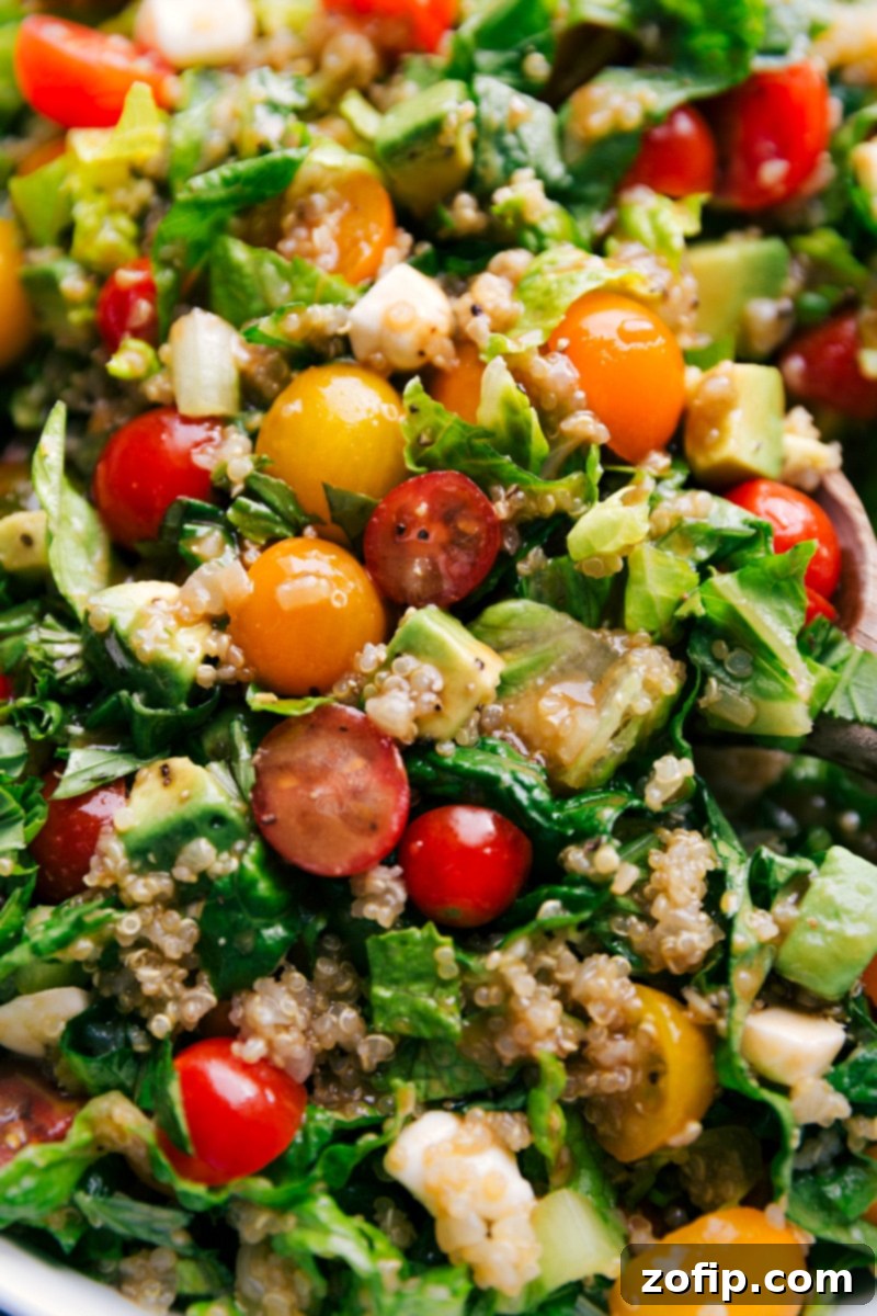 Close-up view of the vibrant and fresh Caprese Quinoa Salad, showcasing the texture of quinoa, bright red tomatoes, green basil, and creamy white mozzarella.