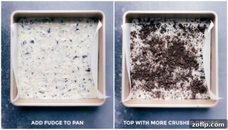 The smooth fudge mixture spread into the prepared pan and topped with additional crushed Oreos.