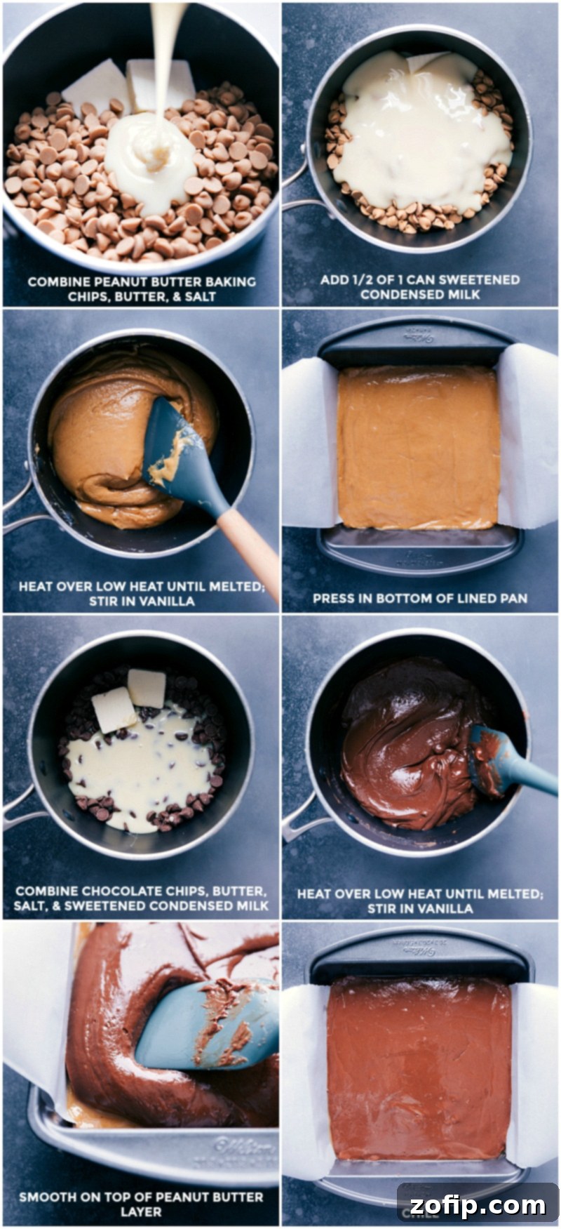 Step-by-step visuals for making delicious two-layered Reese's Fudge on the stovetop in under thirty minutes, without a candy thermometer. Process shots showing the making of Reese's Fudge: melting peanut butter ingredients, spreading the layer, melting chocolate ingredients, and spreading the chocolate layer.