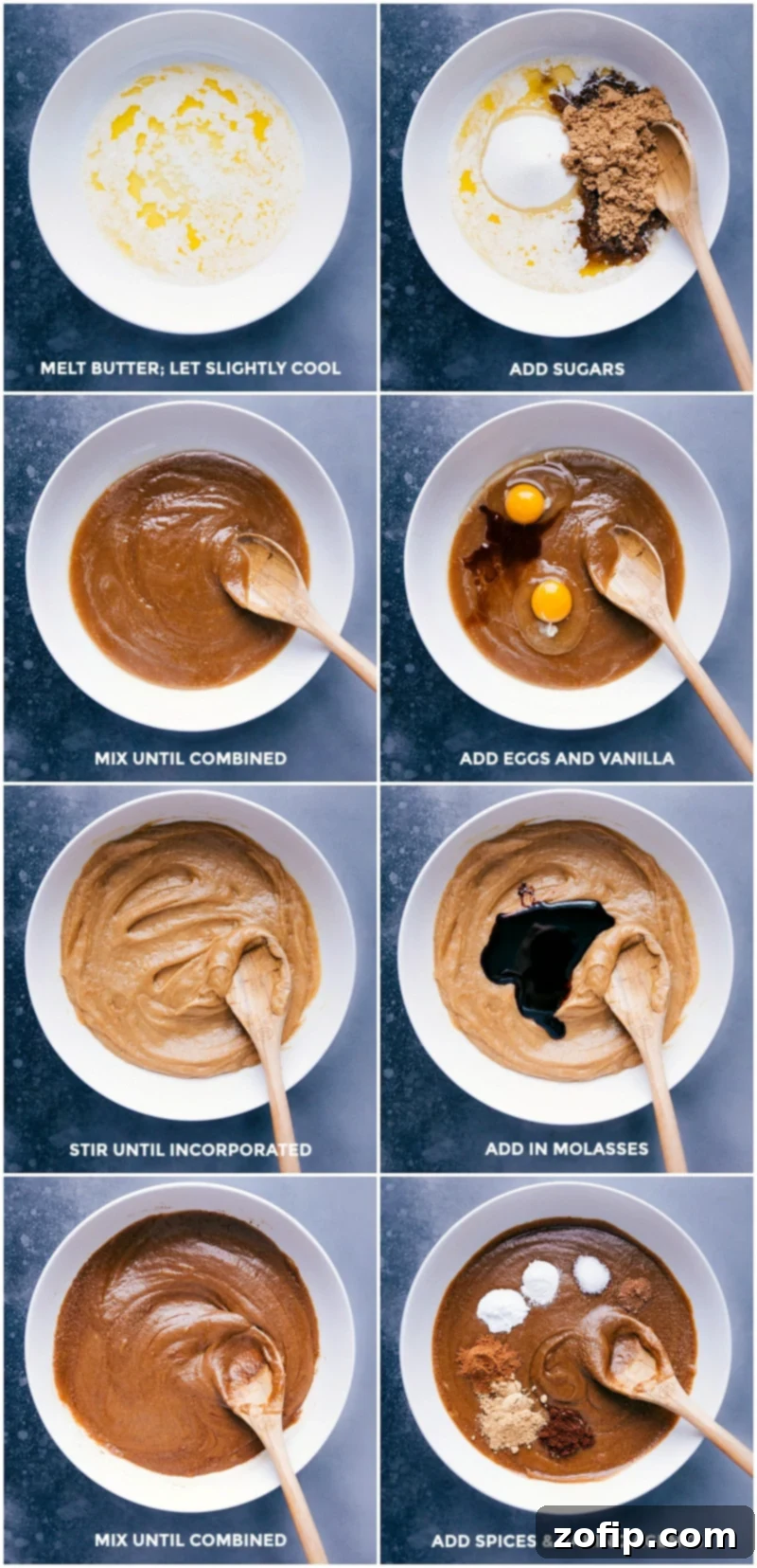 Step-by-step process of combining wet and dry ingredients for Gingersnap Cookies dough.
