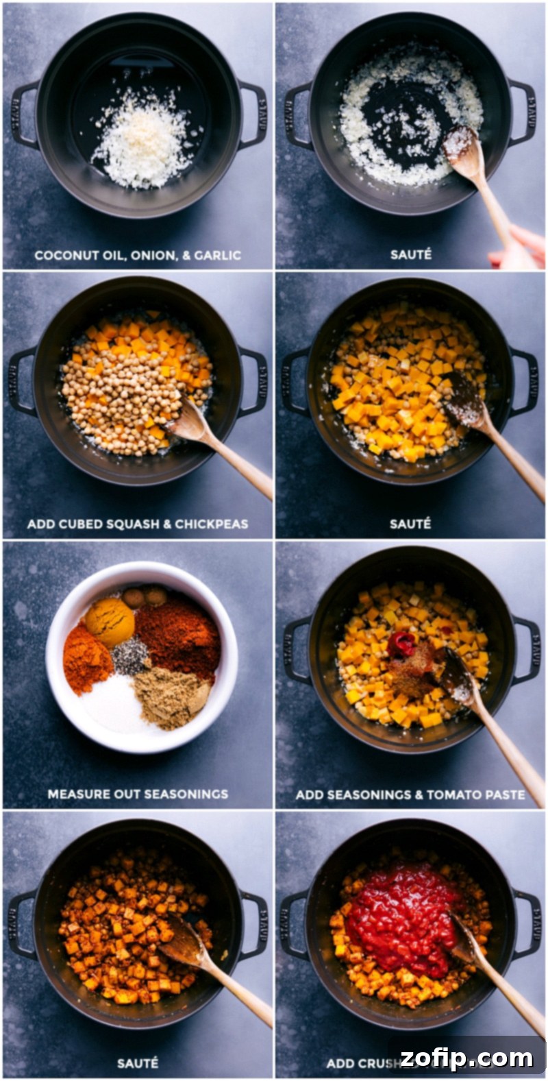 How To Make Moroccan Stew Steps showing how to make Moroccan Stew: Brown onion and oil in a pot; add squash and chickpeas; measure seasonings, tomato paste and add; add crushed tomatoes.