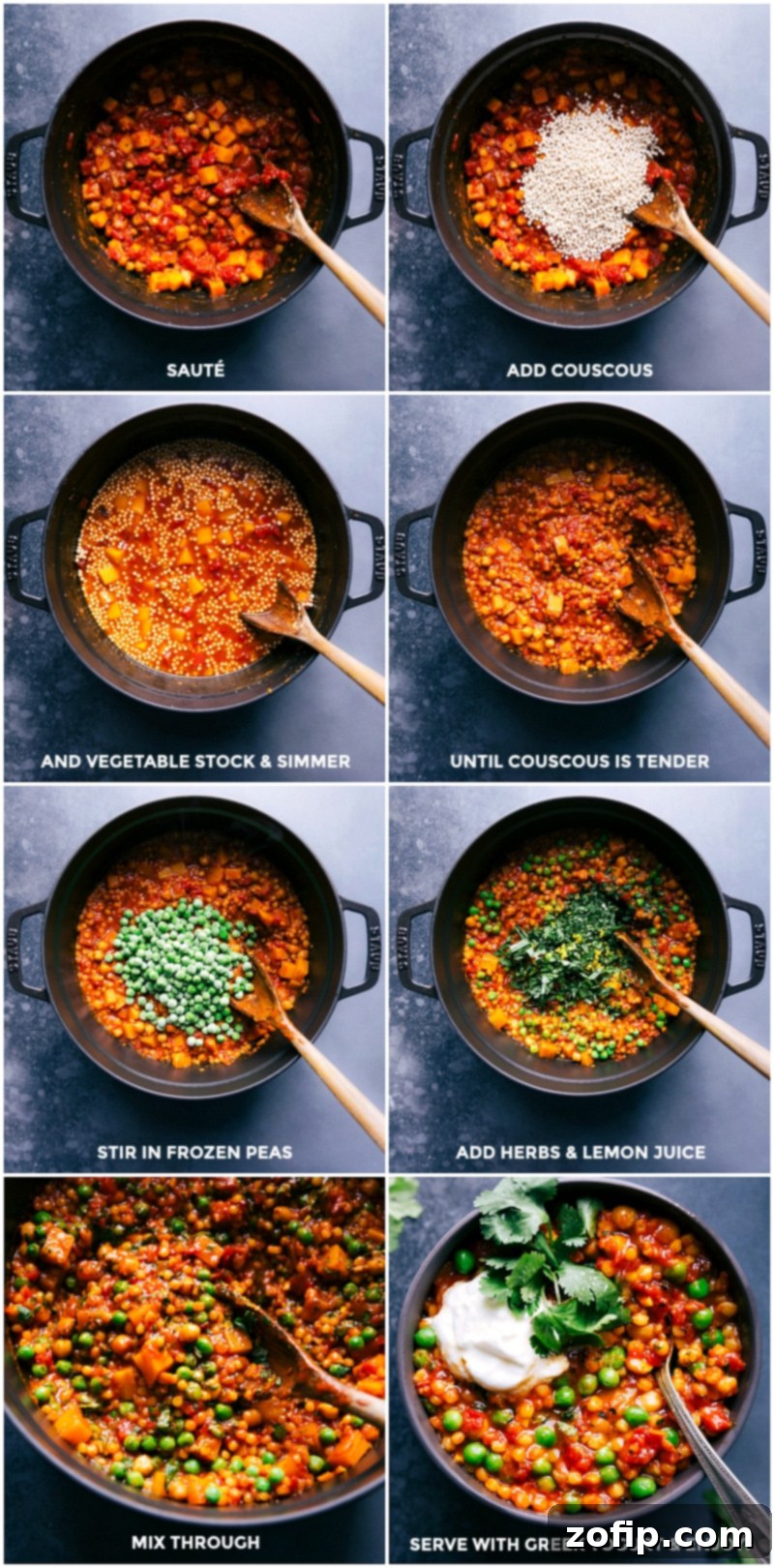 A Flavor-Packed Weeknight Dinner: Moroccan Stew The final steps of making Moroccan Chickpea Stew: Add couscous to the pan; add stock and simmer; stir in peas, herbs and lemon juice; mix well and serve this Moroccan stew.