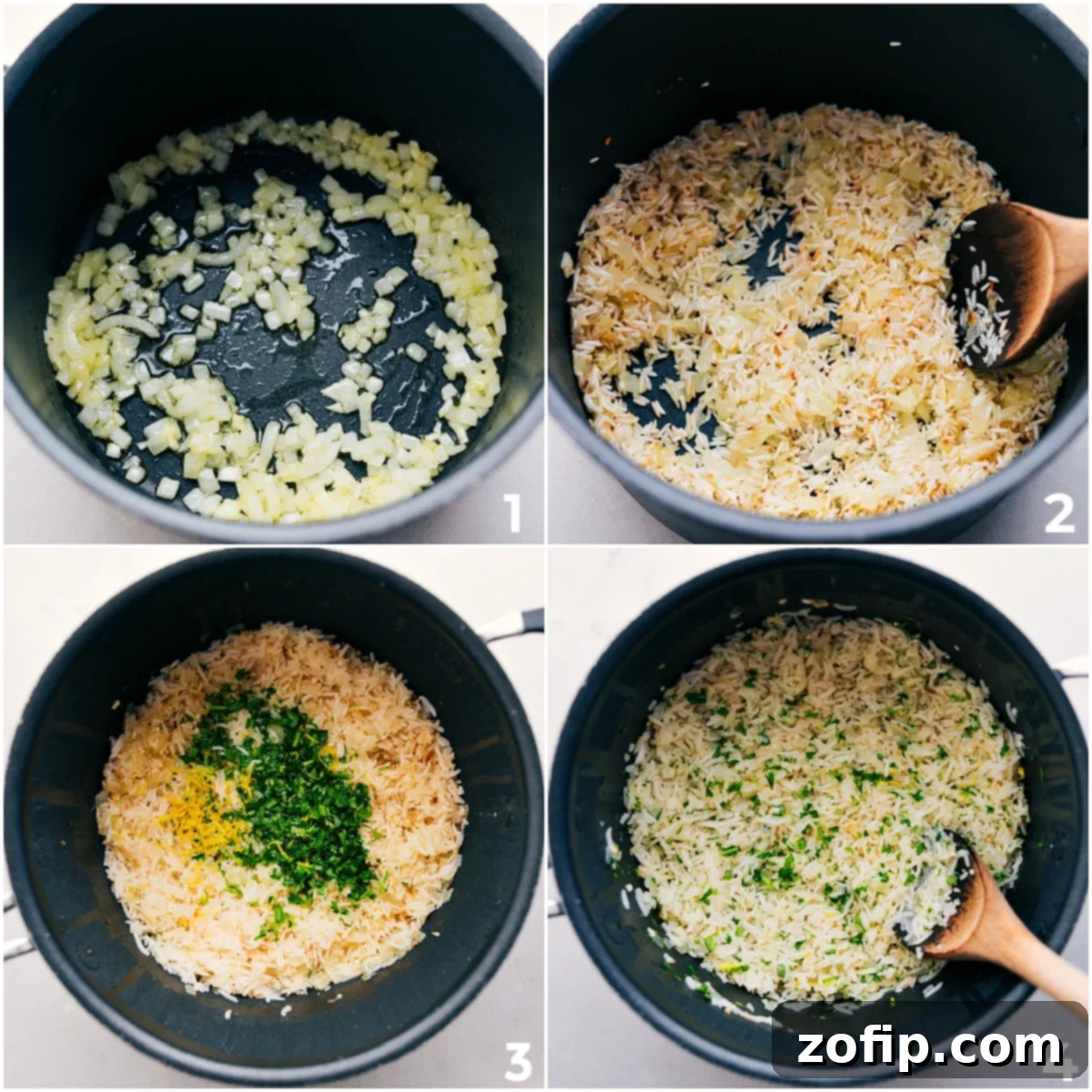 How to Prepare Lemon-Parsley Rice for Greek Ground Turkey Preparing the lemon-parsley rice for Greek ground turkey bowls: sautéing rice with onions, then adding herbs and lemon during the cooking process.