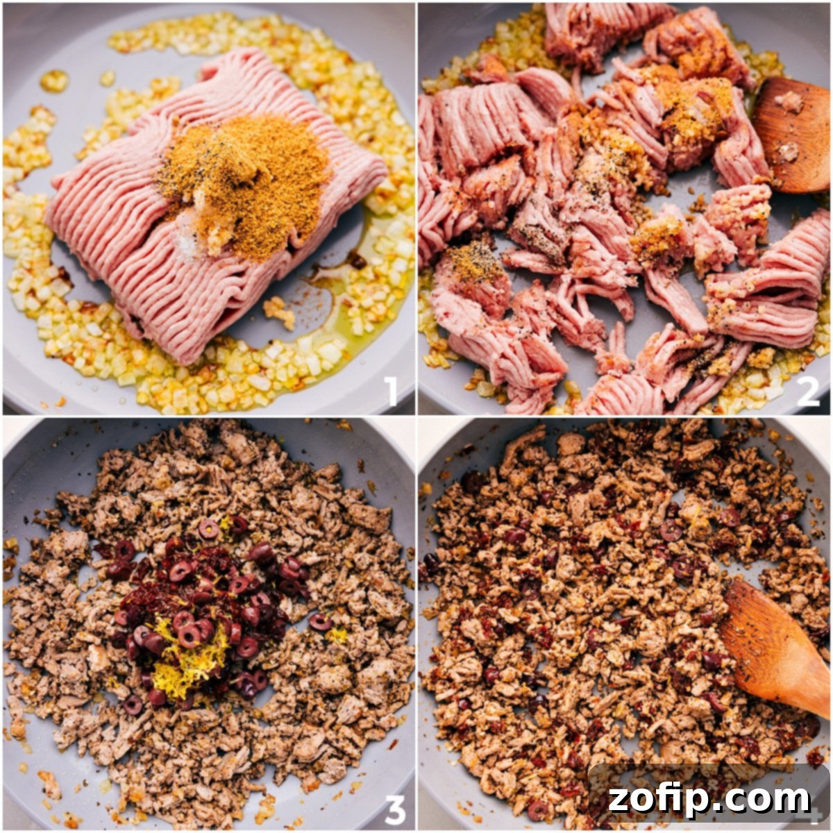 How to Brown Ground Turkey and Infuse Greek Flavors Browning ground turkey in a skillet with onions and garlic, then mixing in Greek seasonings, olives, and lemon for maximum flavor.