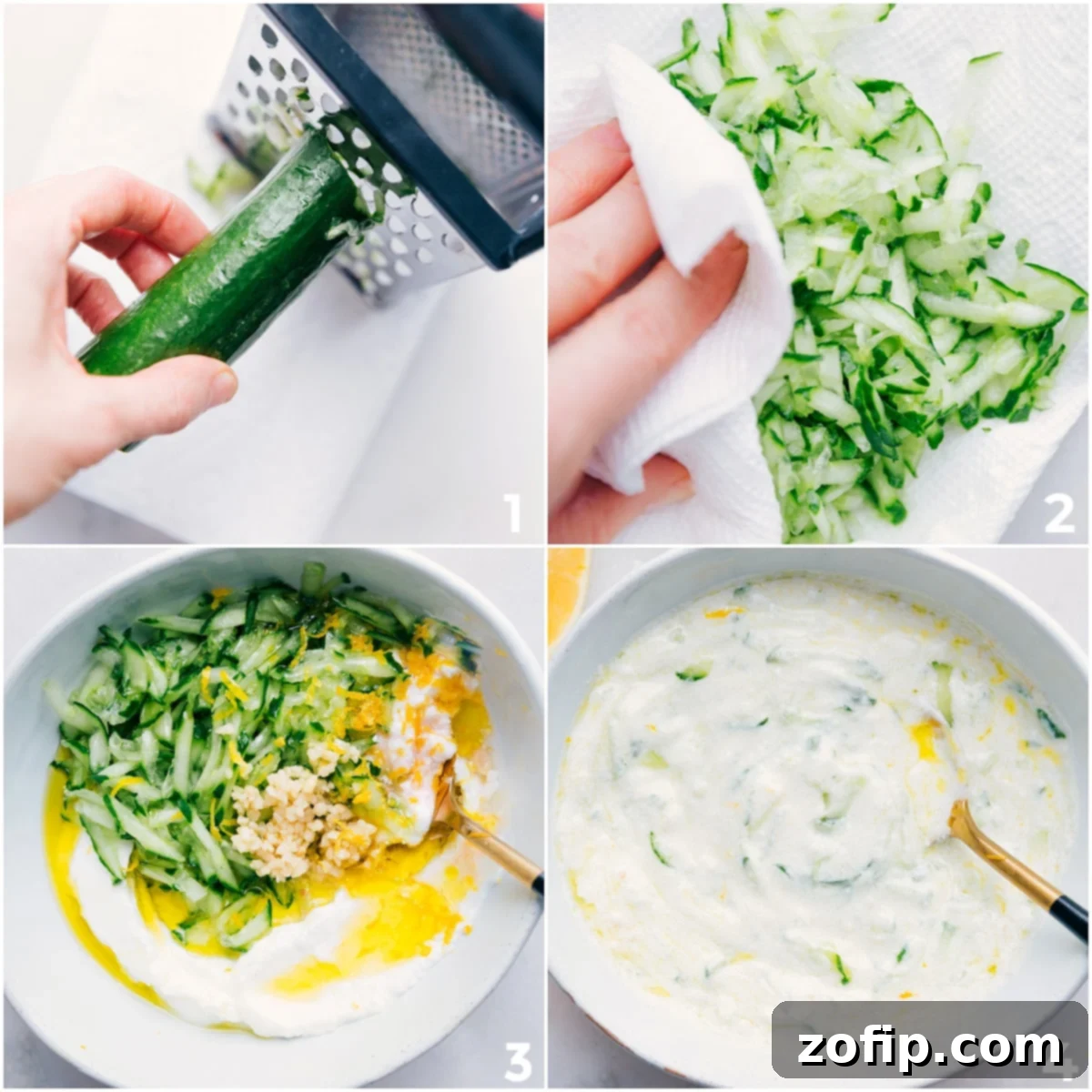 Homemade Tzatziki Sauce: The Perfect Topping for Greek Bowls Preparing a simple and delicious homemade tzatziki sauce in a bowl, perfect for topping Greek Ground Turkey bowls.