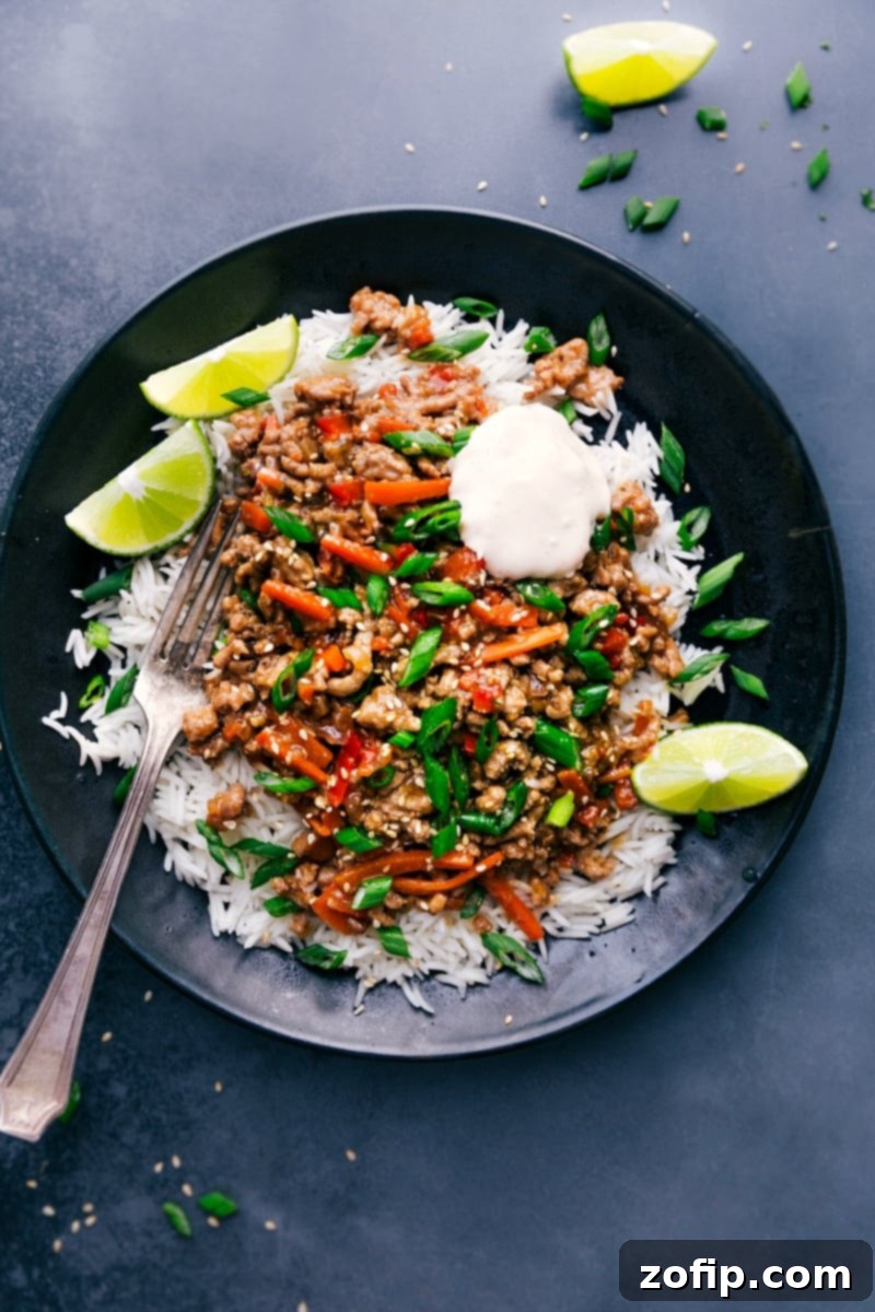 Overhead view of colorful Asian Ground Turkey bowls served with fluffy rice and garnished with fresh herbs.