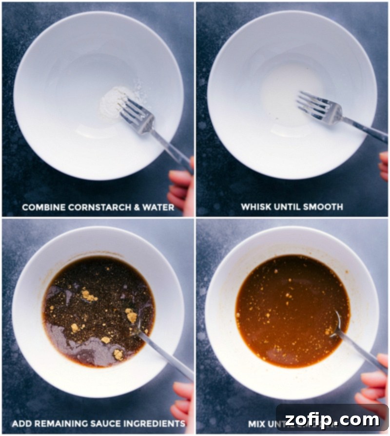 Process shots showing cornstarch being whisked with water in a small bowl, followed by various sauce ingredients like soy sauce, oyster sauce, and honey being combined to form the stir-fry sauce.