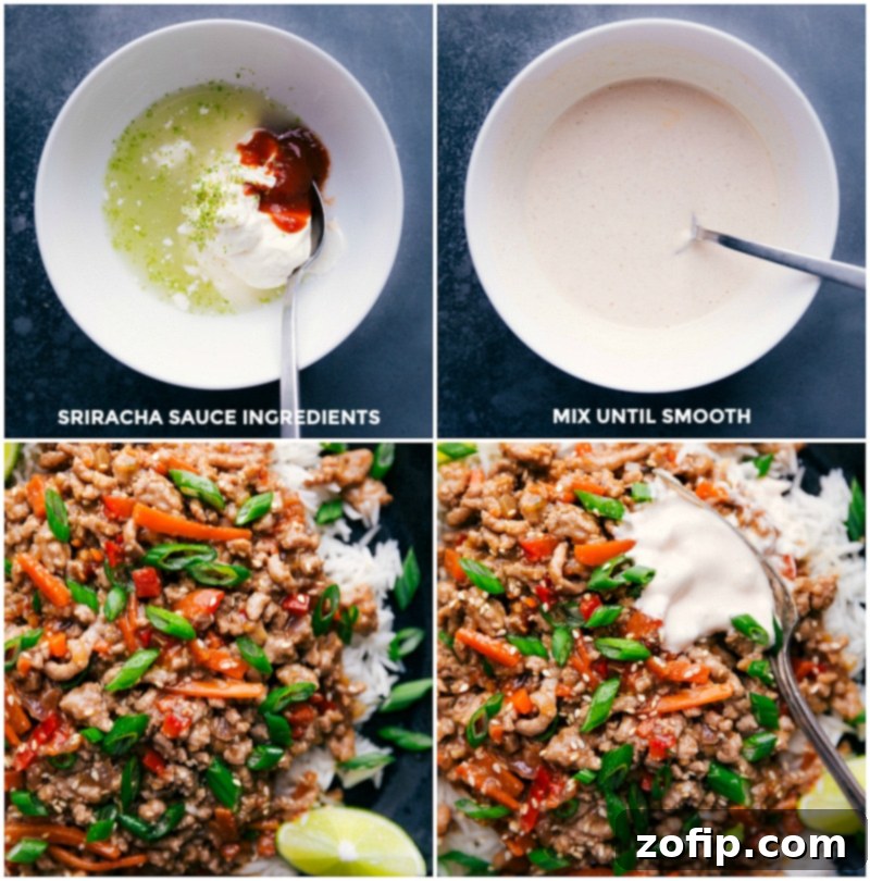 The process of preparing the Sriracha-Mayo topping: combining mayonnaise, lime zest, lime juice, Sriracha, and sugar in a bowl, then drizzling it over the finished Asian Ground Turkey in the pan.