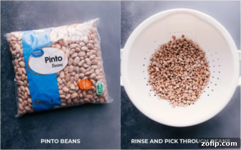 These Pinto Beans are no soaking required! These beans are deeply savory with a smoky flavor and have the best creamy texture! Recipe via ChelseasMessyApron.com #pintos #pintobeans #instantpot #crockpot #slowcooker #nosoak #easy Close-up view of dried pinto beans, showcasing their natural, unsoaked state before cooking.
