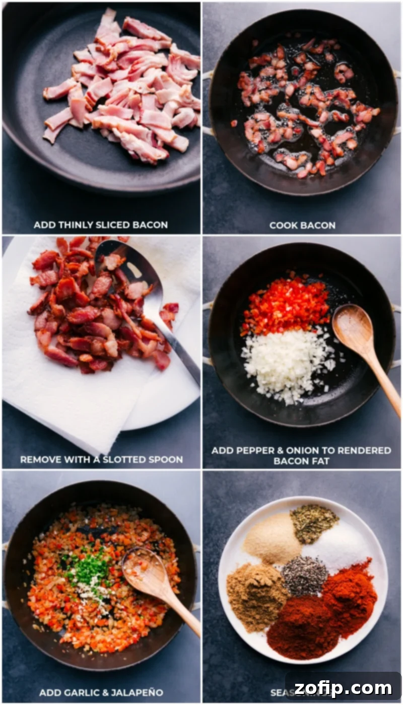 You won't believe how simple these from-scratch Pinto Beans are -- no soaking required! Recipe via ChelseasMessyApron.com #pintos #pintobeans #instantpot #crockpot #slowcooker #nosoak #easy Process shots showing crispy bacon being removed from a cast-iron pan, followed by sautéing peppers and onions in the bacon fat, and finally adding garlic, jalapeño, and measuring out spices.