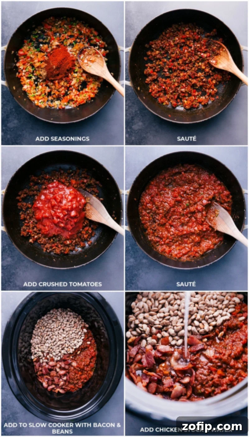 You won't believe how simple these from-scratch Pinto Beans are -- no soaking required! These beans are deeply savory with a smoky flavor and have the best creamy texture! Recipe via ChelseasMessyApron.com #pintos #pintobeans #instantpot #crockpot #slowcooker #nosoak #easy Process shots showing seasonings added to sautéed vegetables, followed by fire-roasted tomatoes, then transferring the mixture to a slow cooker with beans, chicken stock, and water.